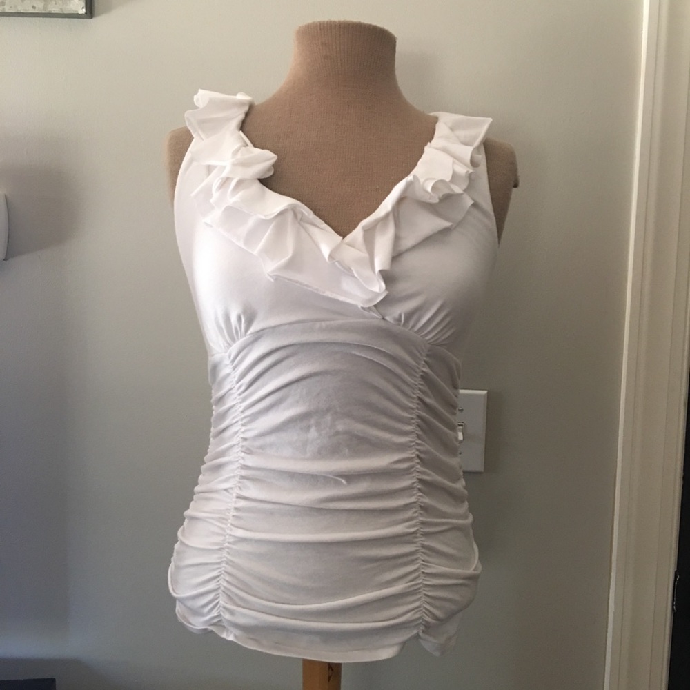 White CAbi Ruffled Sleeveless Blouse Top
